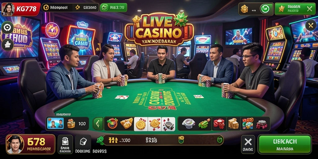 Tangkapan layar KG778 menampilkan dealer langsung dalam permainan Live Casino yang mendebarkan.