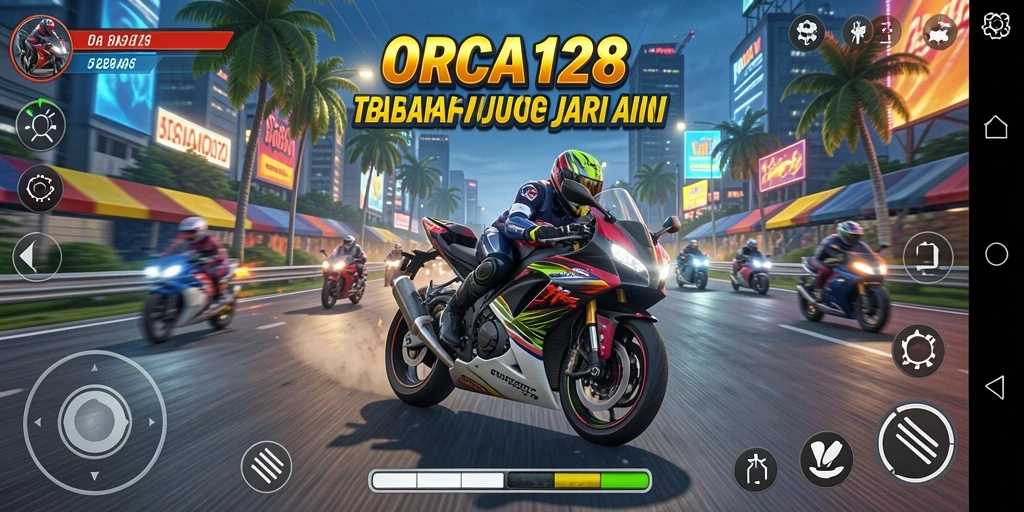 Screenshot gameplay ORCA128 menampilkan balapan motor yang seru.