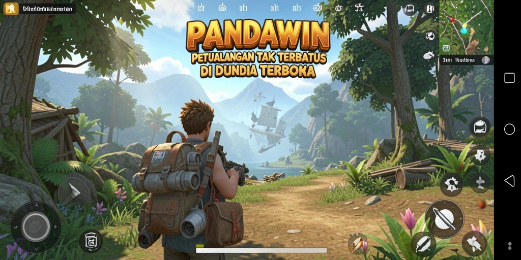 Screenshot gameplay PANDAWIN menunjukkan eksplorasi dunia terbuka yang menakjubkan.