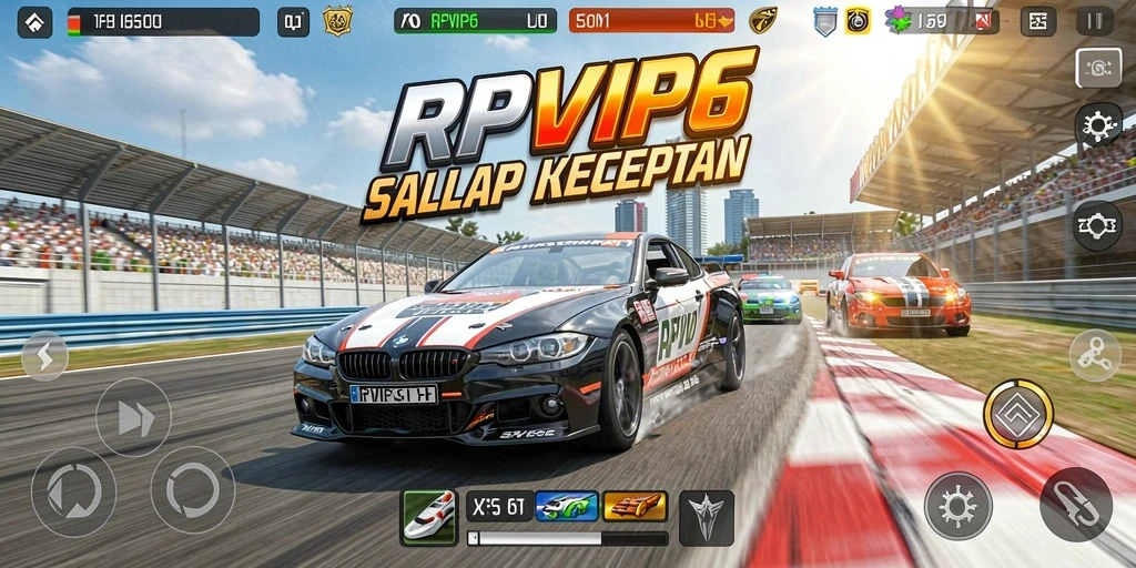 Screenshot RPVIP6 menampilkan mobil balap di lintasan yang menantang.