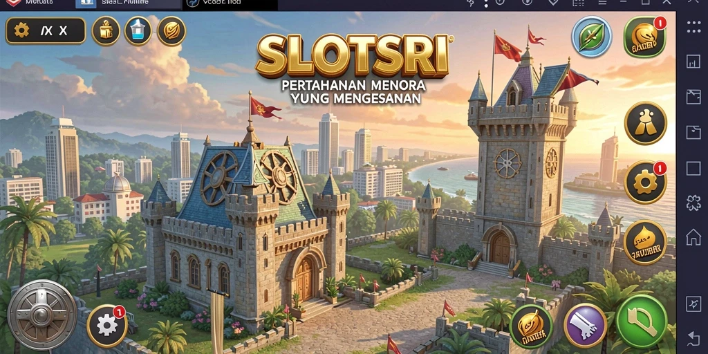 Screenshot SLOTSRI menampilkan pertahanan strategis dengan menara yang menawan.