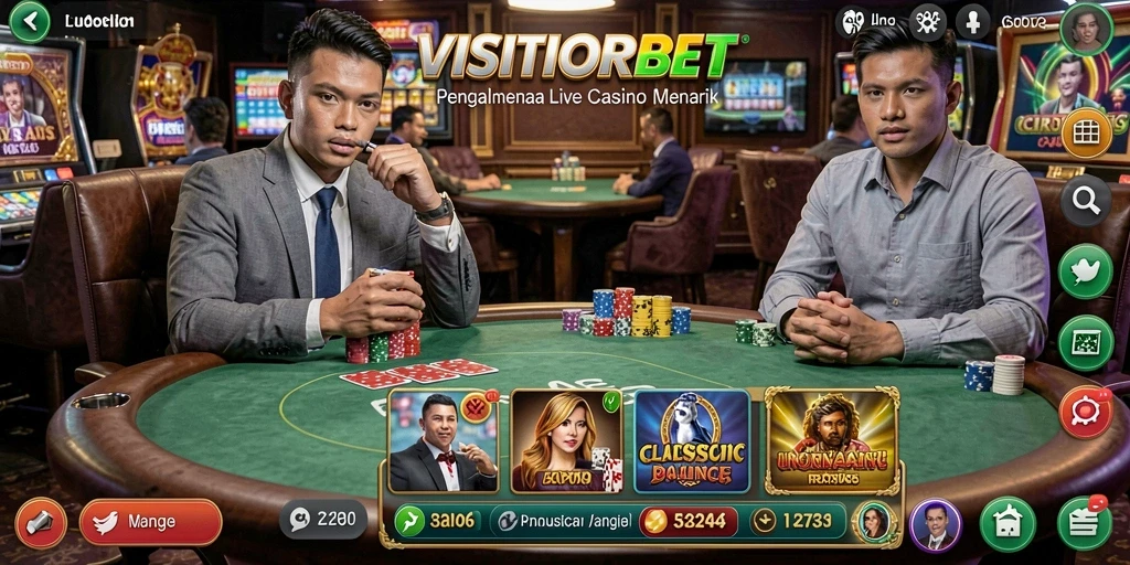 Screenshot utama <strong>VISITORBET</strong> menampilkan gameplay Live Casino yang menarik dengan dealer profesional.